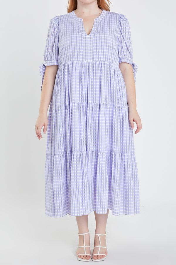 English Factory Gingham Tiered Midi Dress With Bow Tie Sleeves LAVENDER