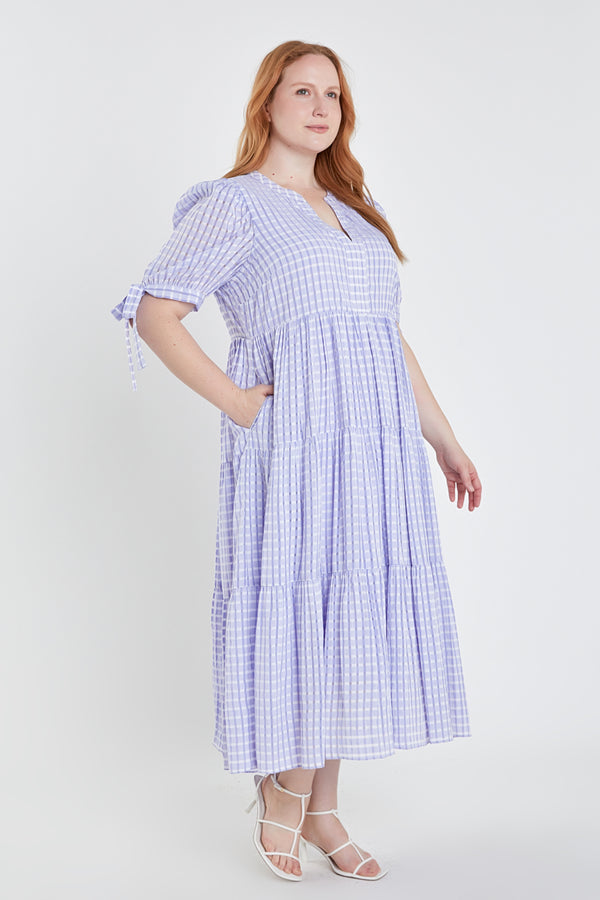 English Factory Gingham Tiered Midi Dress With Bow Tie Sleeves LAVENDER