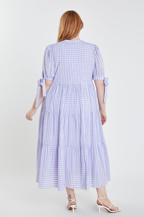 English Factory Gingham Tiered Midi Dress With Bow Tie Sleeves LAVENDER