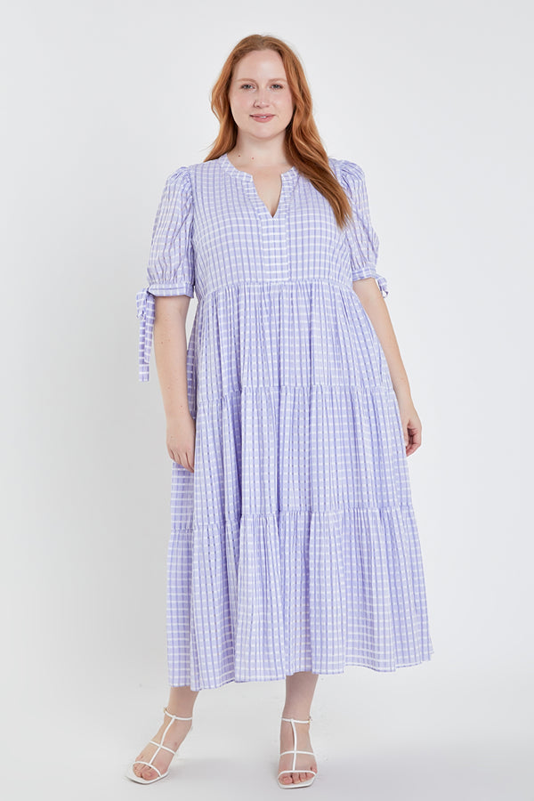 english factory Gingham Tiered Midi Dress with Bow Tie Sleeves LAVENDER