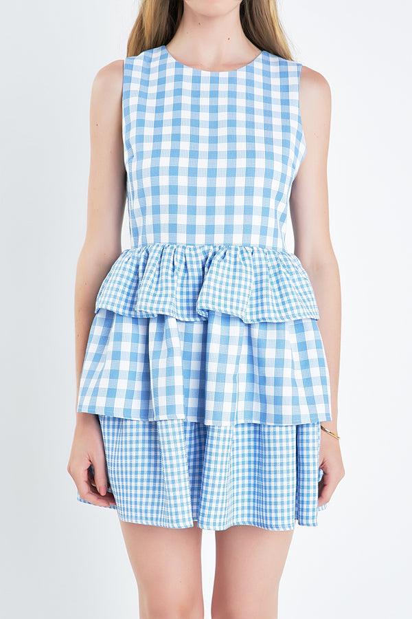 English Factory Gingham Tiered Sleeveless Mini Dress OCEAN BLUE