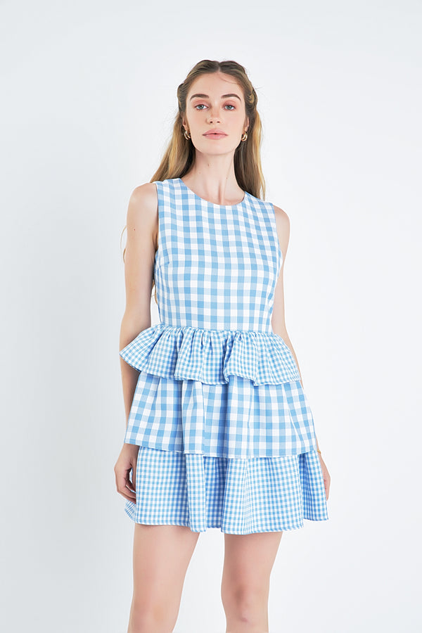 English Factory Gingham Tiered Sleeveless Mini Dress OCEAN BLUE