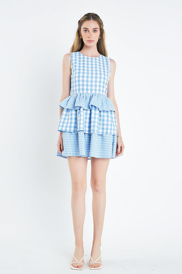 english factory Gingham Tiered Sleeveless Mini Dress OCEAN BLUE