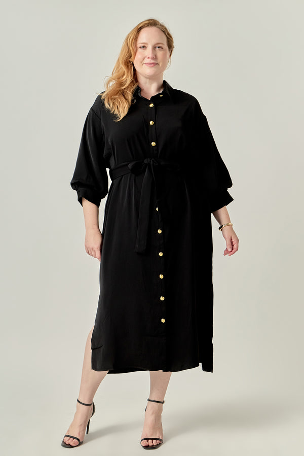 english factory Gold Button Belted Shirt Dress BLACK