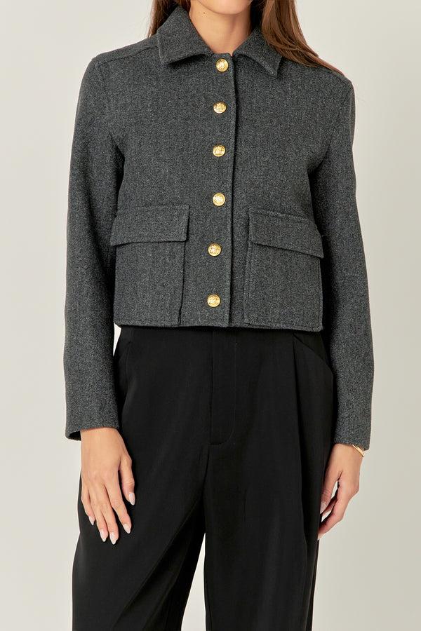 English Factory Gold Button Cropped Jacket CHARCOAL