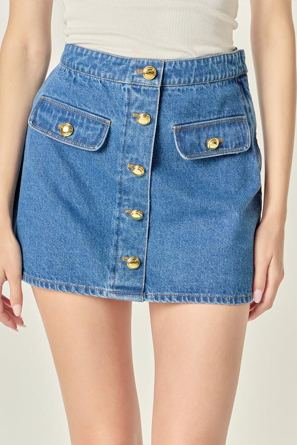 English Factory Gold Button Denim Mini Skirt DARK DENIM