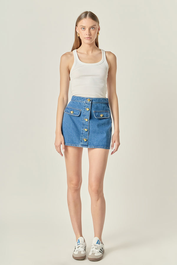 english factory Gold Button Denim Mini Skirt DARK DENIM