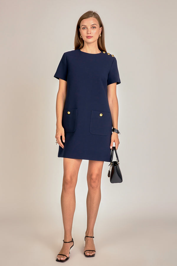 english factory Gold Button Pointed Mini Dress NAVY