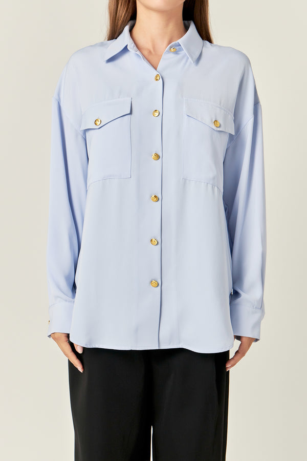 English Factory Gold Button Shirt Blouse POWDER BLUE