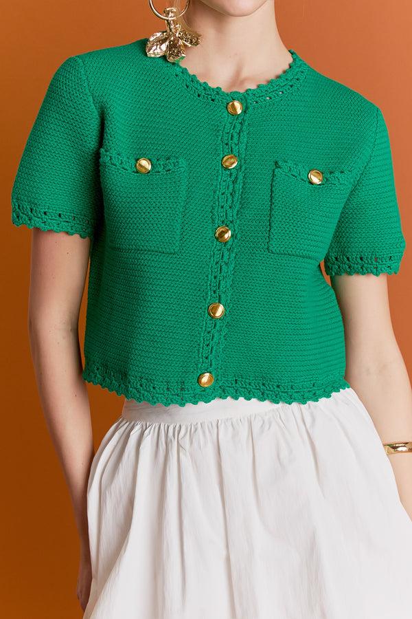 English Factory Gold Button Textured Cardigan GREEN