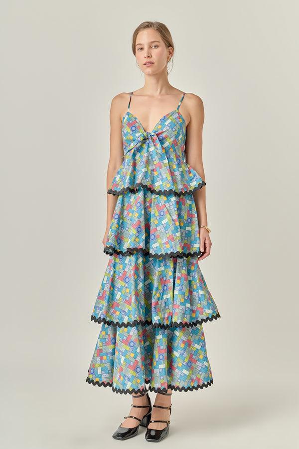 English Factory Grid Print Tiered Maxi Dress With Ric Rac Trim MULTI