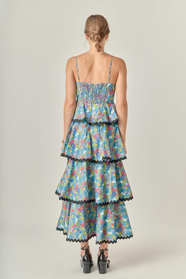 English Factory Grid Print Tiered Maxi Dress With Ric Rac Trim MULTI