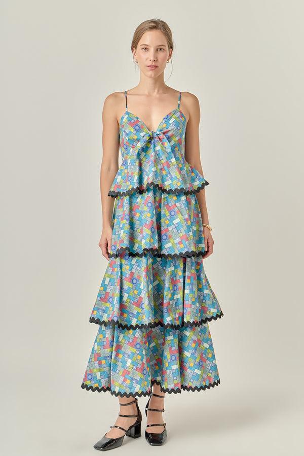 english factory Grid Print Tiered Maxi Dress with Ric Rac Trim MULTI