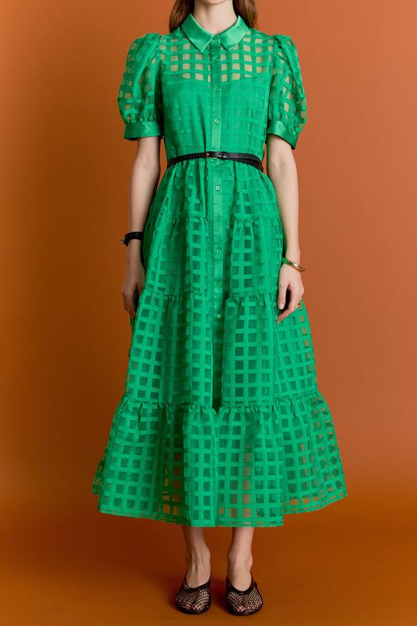 English Factory Gridded Organza Tiered Maxi Dress GREEN