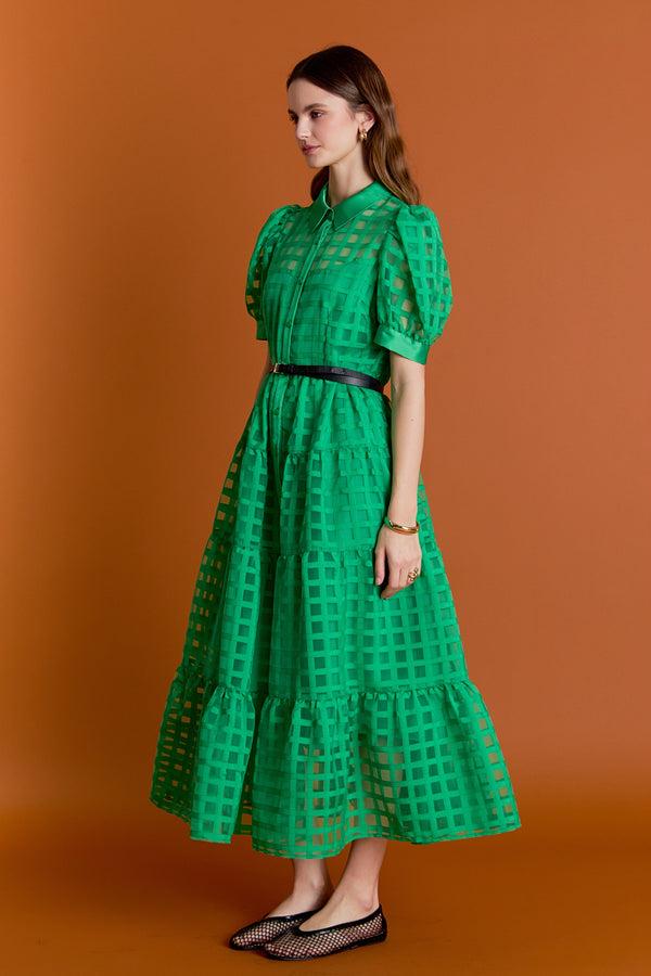 English Factory Gridded Organza Tiered Maxi Dress GREEN