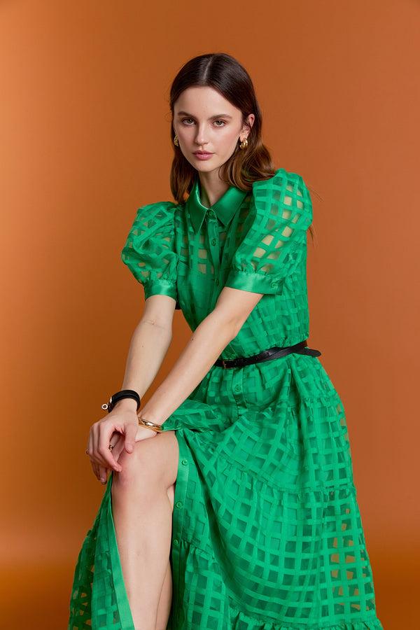 english factory Gridded Organza Tiered Maxi Dress GREEN