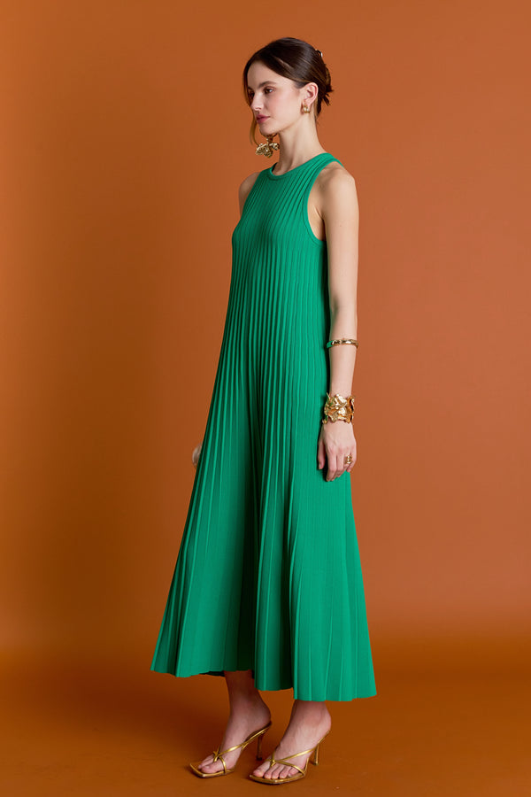 English Factory Gweneth Pleated A-Line Knit Midi Dress GREEN
