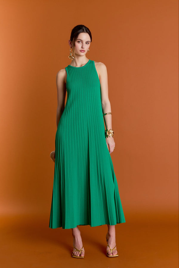 english factory Gweneth Pleated A-Line Knit Midi Dress GREEN