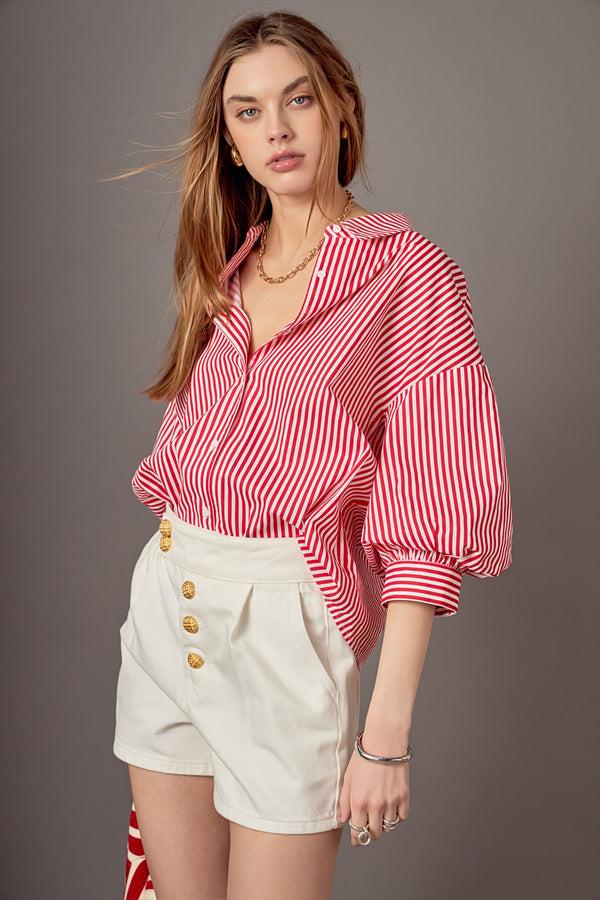 english factory Harper Balloon Sleeve Striped Shirt RED/WHITE
