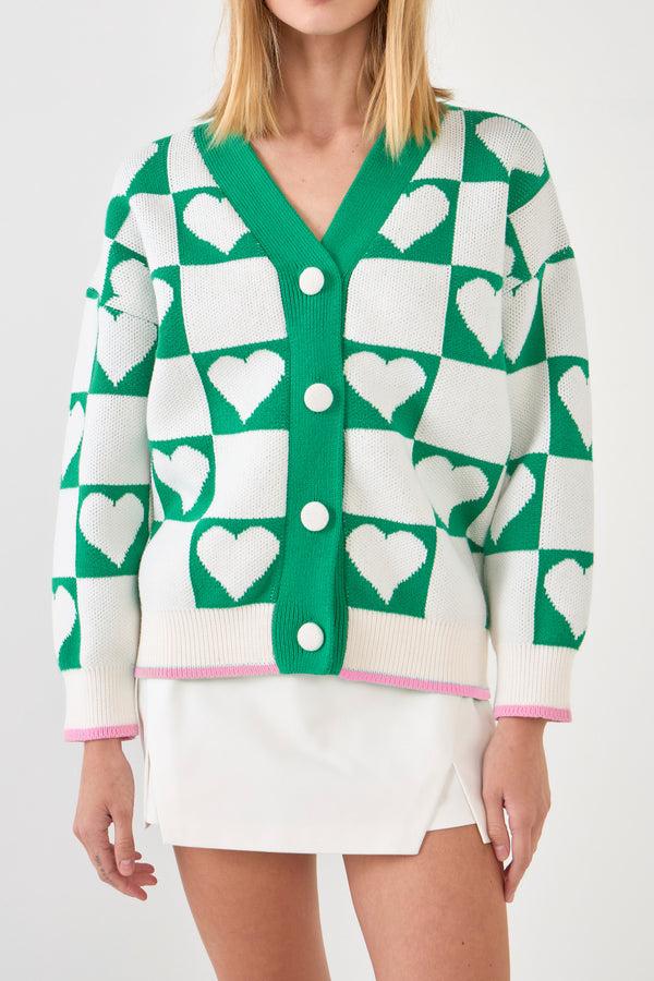 English Factory Heart Knit Jacquard Cardigan WHITE/GREEN