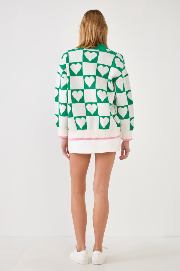 English Factory Heart Knit Jacquard Cardigan WHITE/GREEN
