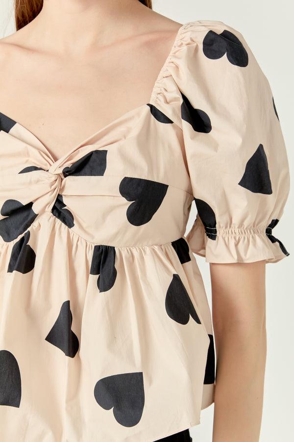 English Factory Heart Shape Puff Sleeve Top BEIGE/BLACK