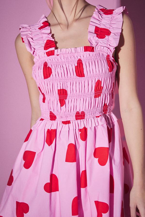 English Factory Heart Shape Smocked Mini Dress PINK/RED