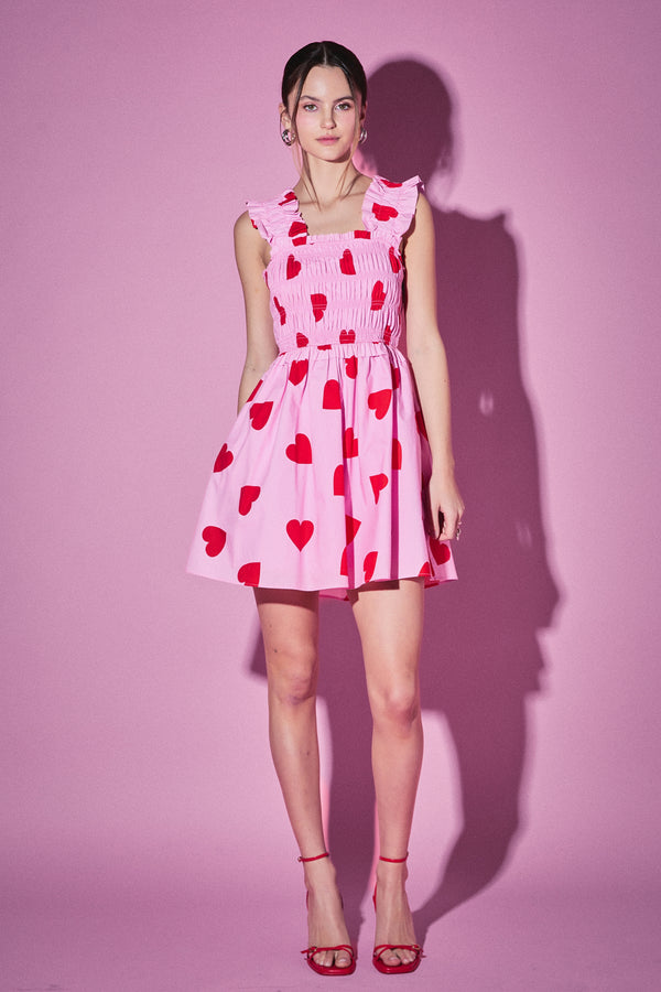 english factory Heart Shape Smocked Mini Dress PINK/RED