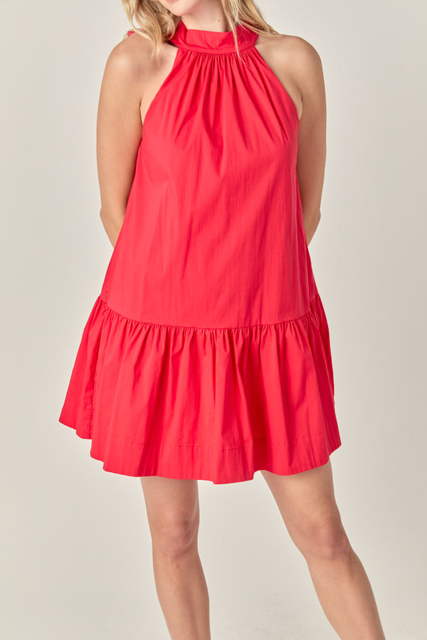 English Factory High Neck Ruffle Hem Mini Dress RED