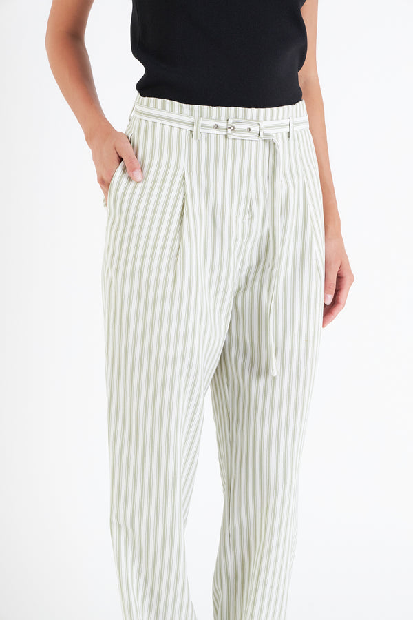 English Factory High Waisted Belted Striped Pants OFF WHITE/GREEN