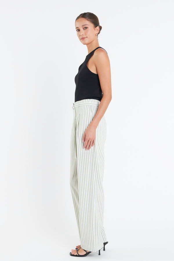English Factory High Waisted Belted Striped Pants OFF WHITE/GREEN