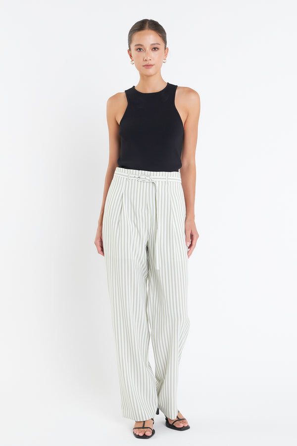 english factory High Waisted Belted Striped Pants OFF WHITE/GREEN