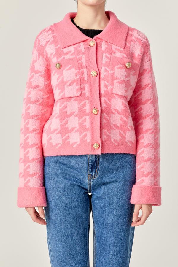English Factory Houndstooth Collared Cardigan HOT PINK