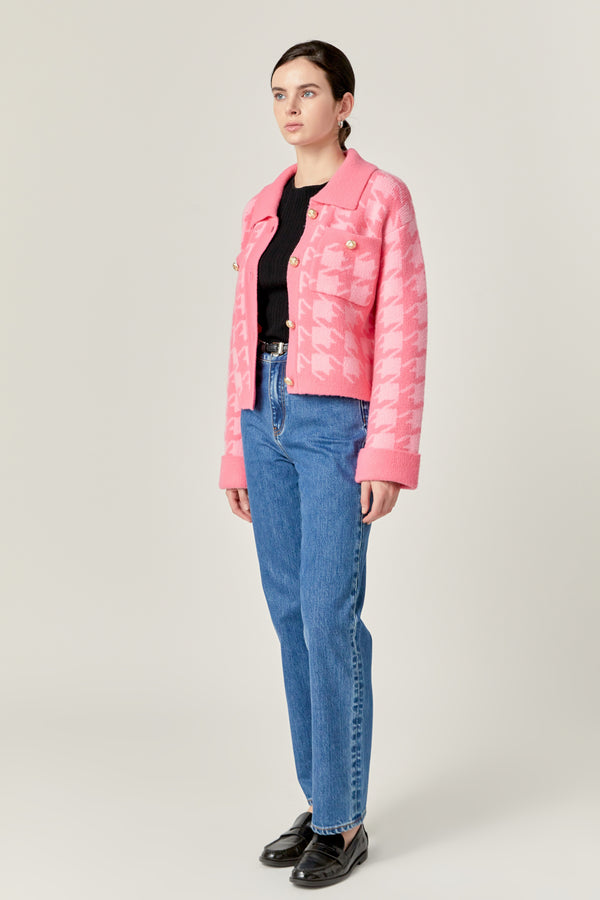 English Factory Houndstooth Collared Cardigan HOT PINK