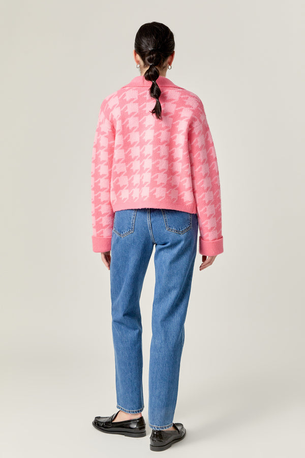 English Factory Houndstooth Collared Cardigan HOT PINK