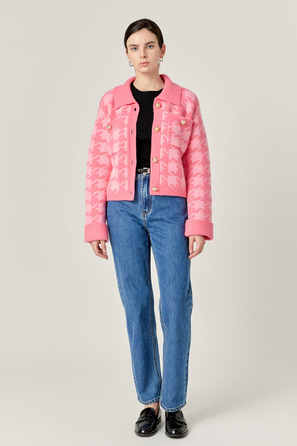 english factory Houndstooth Collared Cardigan HOT PINK