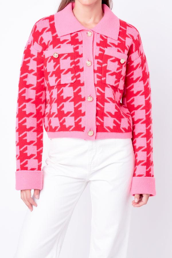 English Factory Houndstooth Collared Cardigan- Sale PINK/RED