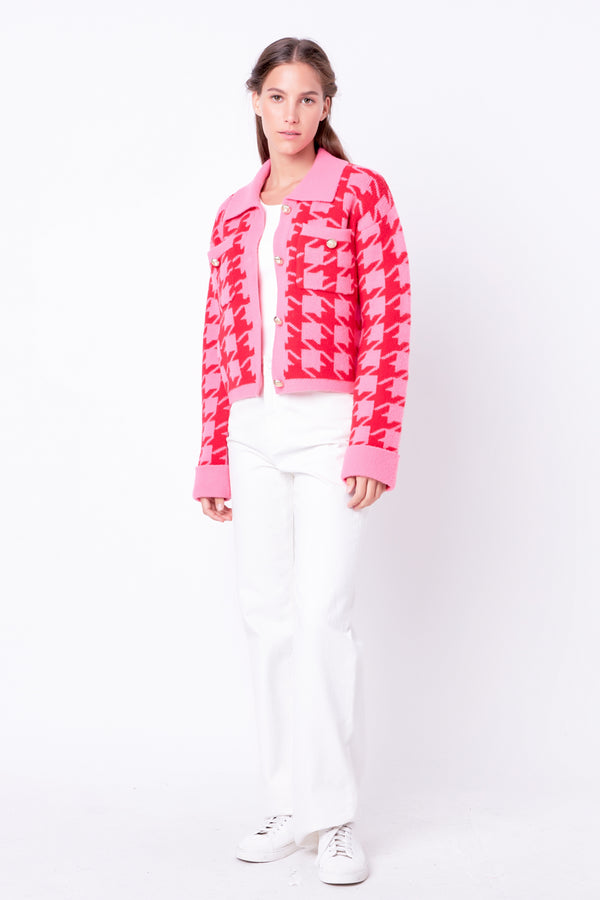 English Factory Houndstooth Collared Cardigan- Sale PINK/RED