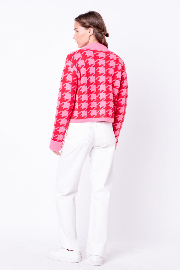 English Factory Houndstooth Collared Cardigan- Sale PINK/RED
