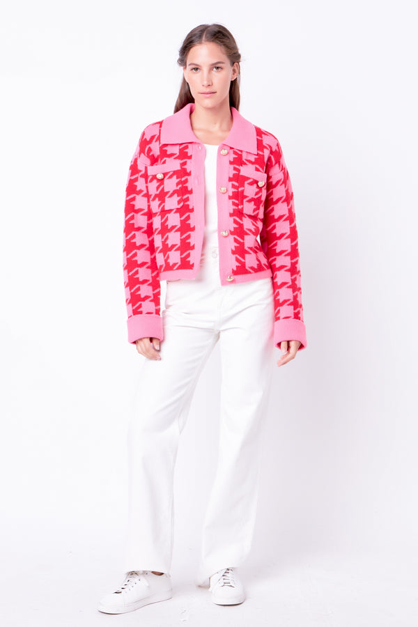 english factory Houndstooth Collared Cardigan- Sale PINK/RED