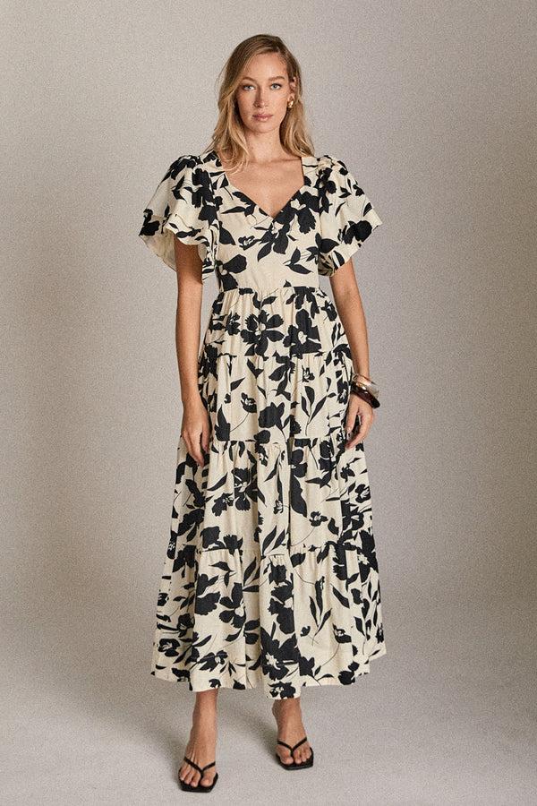 english factory In Bloom Puff Sleeve Dress WHITE/BLACK