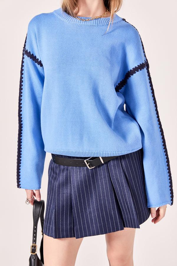 English Factory Joan Stitch Detailed Crew Neck Knit POWDER BLUE/NAVY