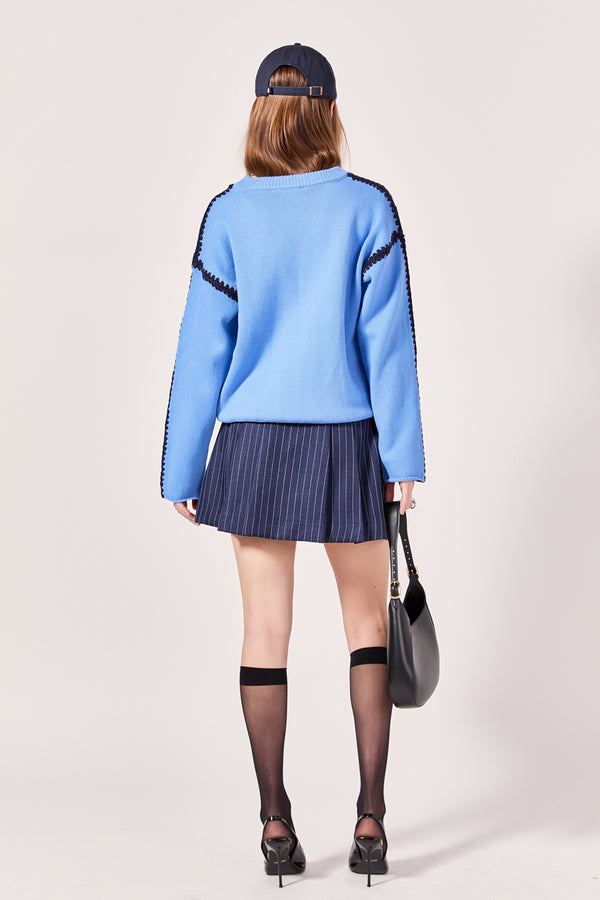 English Factory Joan Stitch Detailed Crew Neck Knit POWDER BLUE/NAVY