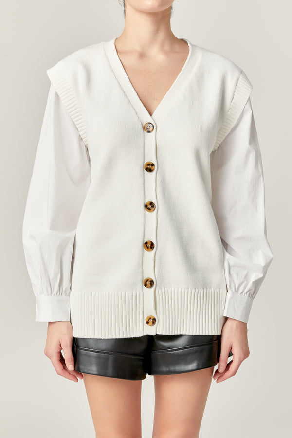 English Factory Knit And Poplin Combo Cardigan OFF WHITE