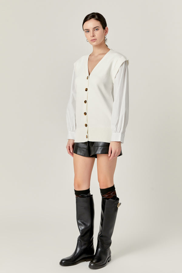 English Factory Knit And Poplin Combo Cardigan OFF WHITE