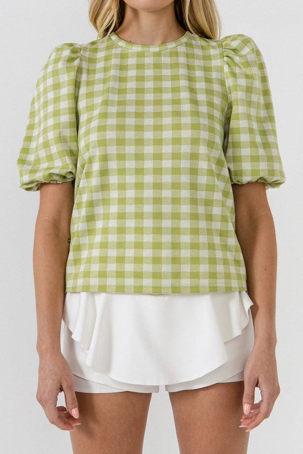 English Factory Knit Check Open Back Scrunchie Top GREEN
