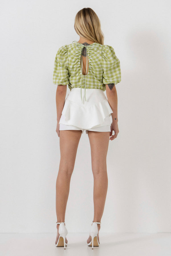 English Factory Knit Check Open Back Scrunchie Top GREEN