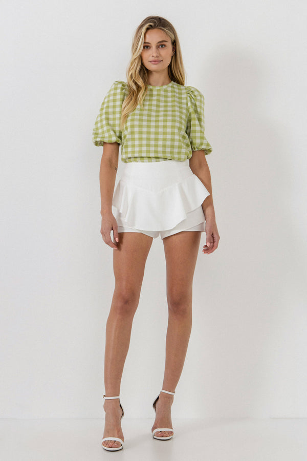 english factory Knit Check Open Back Scrunchie Top GREEN