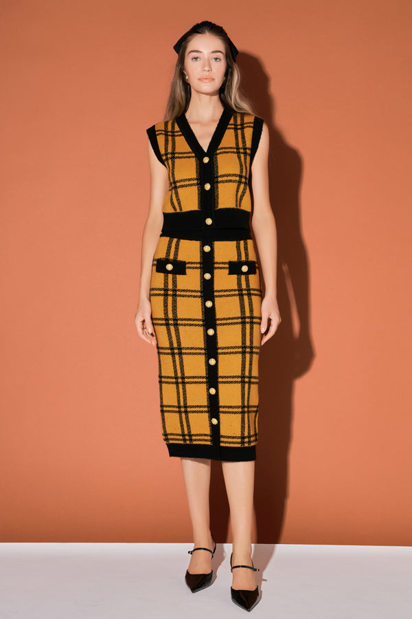 English Factory Knit Check Plaid Midi Skirt YELLOW/BLACK