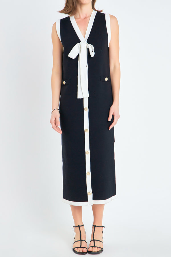 English Factory Knit Midi Dress With Ribbon Tie BLACK/CREAM